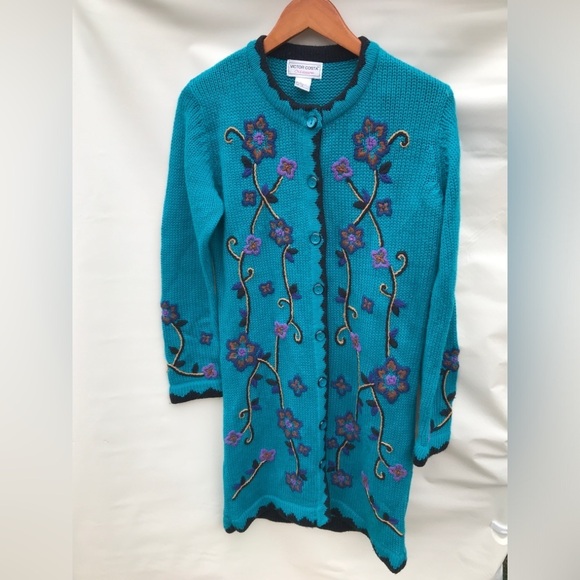 Victor Costa Wool Cardigan Womens Blend Long Sleeve Embroidered Sweater Size S - Picture 1 of 10